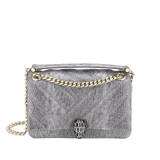 Serpenti Cabochon shoulder bag in soft matelassé charcoal diamond metallic karung skin with graphic motif. Snakehead closure in light gold plated brass decorated with matte black and glitter charcoal diamond enamel, and black onyx eyes. 981-MK image 1