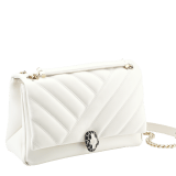 Serpenti Cabochon shoulder bag in soft matelassé white agate nappa leather with graphic motif and white agate calf leather. Snakehead closure in rose gold plated brass decorated with matte black and white enamel, and black onyx eyes. 979-NSM image 2