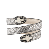 Serpenti Forever multi-coiled rigid Cleopatra bracelet in white agate metallic karung skin, with light gold brass plated hardware. Iconic double snakehead décor in black and white agate enamel, with black enamel eyes. Cleopatra-MK-WA image 1