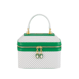 Casablanca x Bulgari small jewelry box bag in white Tennis Groundstroke perforated calf leather with smooth tennis green calf leather inserts and tennis green nappa leather lining. Captivating snakehead zip pullers in gold-plated brass embellished with dégradé green and bright white enamel scales, and green malachite eyes. 292332 image 1