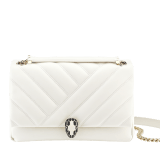Serpenti Cabochon shoulder bag in soft matelassé white agate nappa leather with graphic motif and white agate calf leather. Snakehead closure in rose gold plated brass decorated with matte black and white enamel, and black onyx eyes. 979-NSM image 1