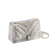 Serpenti Cabochon small shoulder bag in milky opal beige matelassé metallic karung skin with milky opal beige nappa leather lining. Captivating snakehead closure in light gold-plated brass embellished with matt black and glitter milky opal beige enamel scales and black onyx eyes. 1094-MK image 2