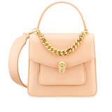 "Serpenti Forever" small maxi chain top handle bag in peach nappa leather, with Lavander Amethyst lilac nappa leather internal lining. New Serpenti head closure in gold plated brass, finished with small pink mother-of-pearl scales in the middle and red enamel eyes. 1133-MCNb image 1
