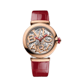 LVCEA Skeleton watch with mechanical manufacture movement, automatic winding and skeleton execution, polished stainless steel case, 18 kt rose gold bezel, openwork BVLGARI logo dial and links, and red alligator bracelet. Water-resistant up to 50 metres. 103373 image 1