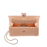 Serpenti Forever crossbody bag in ivory opal laser-cut calf leather with caramel topaz beige nappa leather lining. Captivating snakehead closure in light gold-plated brass embellished with matt and shiny ivory opal enamel scales and black onyx eyes. 422-LCL image 4