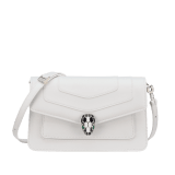 Serpenti Forever East-West small shoulder bag in black calf leather with emerald green gros grain lining. Captivating snakehead magnetic closure in light gold-plated brass embellished with black and white agate enamel scales, and green malachite eyes. 1237-CL image 1