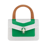 Casablanca x Bulgari small top handle bag in white Tennis Groundstroke calf leather, perforated on the front and smooth on the sides, with smooth tennis green calf leather inserts and tennis green nappa leather lining. Captivating snakehead closure in gold-plated brass embellished with dégradé green and bright white enamel scales, and green malachite eyes. 292330 image 1