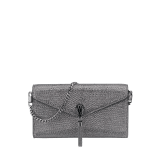 "Serpenti Forever" small pochette in white agate metallic karung skin and black nappa leather. Iconic snakehead stud closure with tassel in palladium plated brass, enamelled in matte and shiny black and finished with black enamel eyes. SMALLPOCHETTE-KARUNG image 1