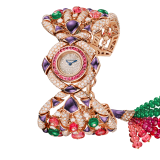 Gemma watch with 18 kt rose gold case set with buff-cut tourmalines, brilliant-cut diamonds and amethyst elements, snow pavé dial, 18 kt rose gold bracelet set with brilliant-cut diamonds, amethyst elements, tourmaline, rubellite and emerald beads 102243 image 2