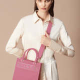 "Bvlgari Logo" small tote bag in Ivory Opal white calf leather, with Beet Amethyst purple grosgrain inner lining. Bvlgari logo featured with light gold-plated brass chain inserts on the Ivory Opal white calf leather. BVL-1159-CL image 6