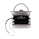 Serpenti Forever small top handle bag in white agate metallic karung skin with black nappa leather lining. Captivating snakehead closure in light gold-plated brass embellished with black and white agate enamel scales and black onyx eyes. 1122-MK image 4