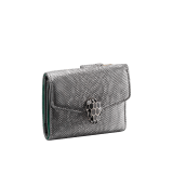 "Serpenti Forever" slim compact wallet in mint metallic karung skin and black calf leather. Iconic light gold plated brass snakehead stud closure in black and white agate enamel, with black onyx eyes. SEA-SLIMCOMPACT-MK image 1