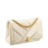 "Serpenti Cabochon" maxi chain crossbody bag in soft quilted Ivory Opal white calf leather, with a maxi graphic motif, and black nappa leather internal lining. New Serpenti head closure in gold plated brass, finished with small white mother-of pearl scales in the middle and red enamel eyes. 1166-NSM image 2