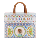 Casablanca x Bulgari large tote bag in soft grain printed calf leather featuring a Roman mosaic pattern, with dusty pink calf leather sides and dusty pink grosgrain lining. Iconic multicolor Bulgari decorative logo, gold-plated brass hardware and magnetic closure. 292416 image 3