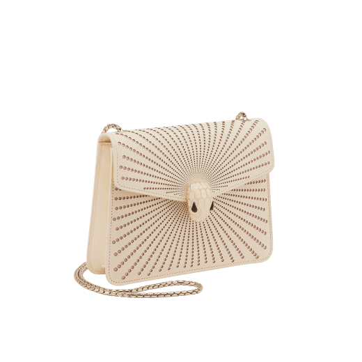 Serpenti Forever crossbody bag in ivory opal laser-cut calf leather with caramel topaz beige nappa leather lining. Captivating snakehead closure in light gold-plated brass embellished with matte and shiny ivory opal enamel scales and black onyx eyes. 422-LCL image 2