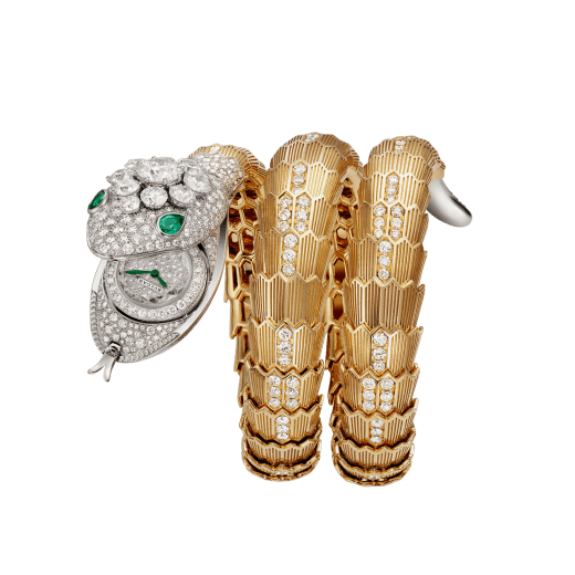 Serpenti Misteriosi High Jewellery secret watch with mechanical manufacture micro-movement with manual winding, 18 kt white and yellow gold case and bracelet set with brilliant-cut diamonds and two pear-cut emeralds and pavé-set diamond dial. 103561 image 1
