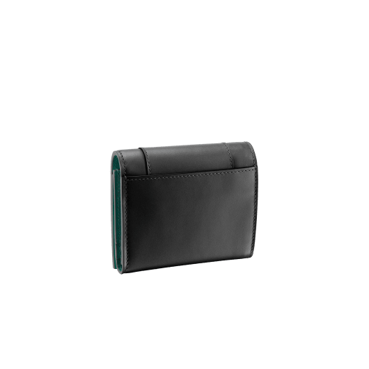 Serpenti Forever super compact wallet in black and emerald calf leather. Iconic snake head zip puller in black and white enamel, with green malachite enamel eyes. SEA-SUPERCOMPACT-CLb image 3