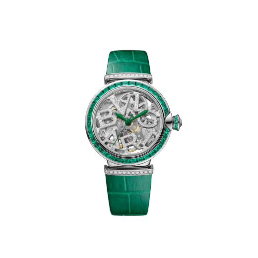 LVCEA Skeleton watch with mechanical movement, automatic winding, 18 kt white gold case set with baguette-cut emeralds, 18 kt white gold openwork BVLGARI logo dial set with brilliant-cut diamonds, green alligator bracelet and 18 kt white gold links set with brilliant-cut diamonds 103033 image 1