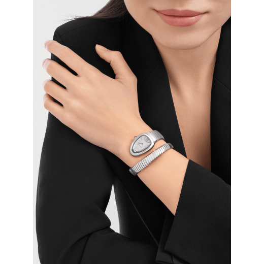 Serpenti Tubogas single spiral watch in stainless steel case and bracelet, with silver opaline dial. Large size. SrpntTubogas-white-dial1 image 2