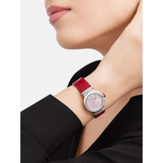LVCEA watch with stainless steel case, stainless steel links set with brilliant-cut diamonds, pink mother-of-pearl marquetry dial, 12 diamond indexes and pink alligator bracelet. Water-resistant up to 50 metres. 103619 image 2