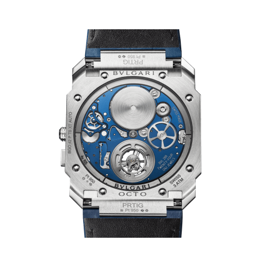 Часы Octo Finissimo Tourbillon Automatic, ультратонкий мануфактурный механизм с автоматическим заводом (толщина 1,95 мм), парящий турбийон, корпус из платины с сатинированными и полированными поверхностями, ажурный циферблат, синий ремешок из кожи аллигатора. Водонепроницаемость до 30 метров. 103976 image 4