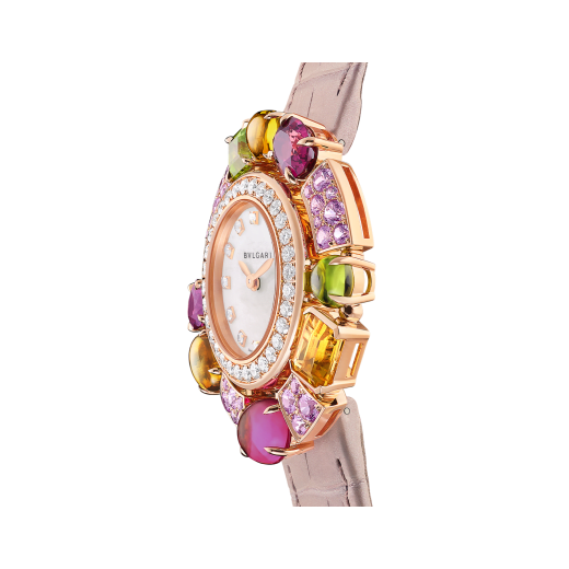 Allegra watch with 18 kt rose gold case set with brilliant-cut diamonds and 32 pink sapphires, 1 pink tourmaline, 3 citrines, 2 dark pink rhodolite and 2 peridots, mother-of-pearl dial, 12 diamond indexes and light pink iridescent alligator bracelet. Water resistant up to 30 meters 103713 image 3