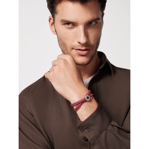 BULGARI BULGARI Man bracelet in anemone spinel pinkish red braided calf leather with palladium-plated brass clasp closure. Iconic décor in palladium-plated brass embellished with matte black enamel. LOGOBRAID-WCL-AS image 2