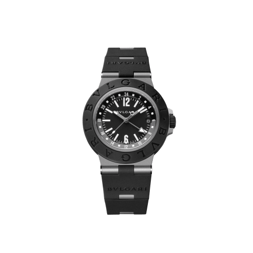 Bvlgari Titanio GMT watch with mechanical manufacture movement, automatic winding, GMT 24h function, 40 mm sandblasted titanium case, black rubber bezel with Bvlgari Bvlgari engraving, black dial and black rubber bracelet. Water-resistant up to 100 metres 104300 image 1