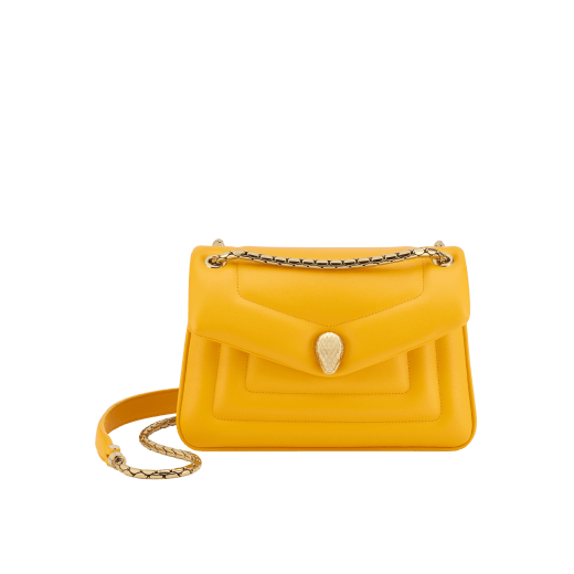 Serpenti Reverse small shoulder bag in ivory opal quilted Metropolitan calf leather with black nappa leather lining. Captivating snakehead magnetic closure in gold-plated brass embellished with red enamel eyes. 1244-MCL image 1