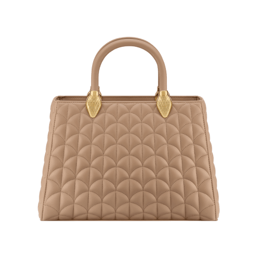 Serpentine Day Duo top handle bag in black calf leather with Calla matelassé motif and black nappa leather lining. Captivating double-head snake body-shaped handles in gold-plated brass embellished with matching calf leather inserts. SRN-001-1315M image 1