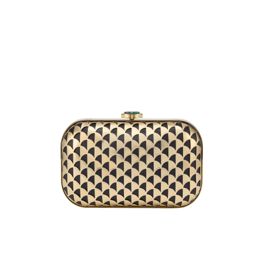 Calla clutch in gold-plated metal with a laser cut Calla motif on black nappa leather lining. Iconic closure embellished with a fan-shaped malachite insert. DAS-001-1317S image 2