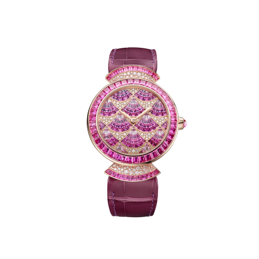 DIVAS' DREAM MOSAICA watch with automatic movement, 18 kt rose gold case fully set with round brilliant-cut diamonds, 18 kt rose gold bezel set with baguette-cut pink sapphires, Caracalla pattern dial set with baguette-cut diamonds, rubellites and pink sapphires, 18 kt rose gold links set with round brilliant-cut diamonds and baguette-cut pink sapphires and pink alligator bracelet 103492 image 1