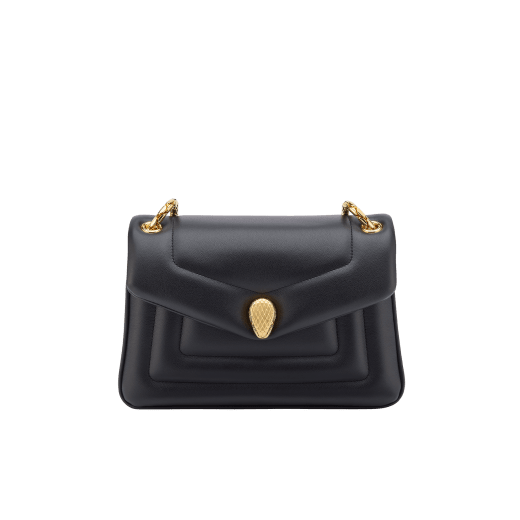 Serpenti Reverse small shoulder bag in ivory opal quilted Metropolitan calf leather with black nappa leather lining. Captivating snakehead magnetic closure in gold-plated brass embellished with red enamel eyes. 1244-MCL image 6