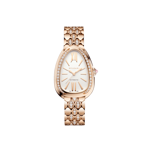 Serpenti Seduttori 腕錶，採用 18K 玫瑰金材質，搭載寶格麗自製自動上鍊機械機芯，鑲鑽錶圈與錶鍊，白色蛋白石錶盤。防水深度 30 公尺。 103902 image 1