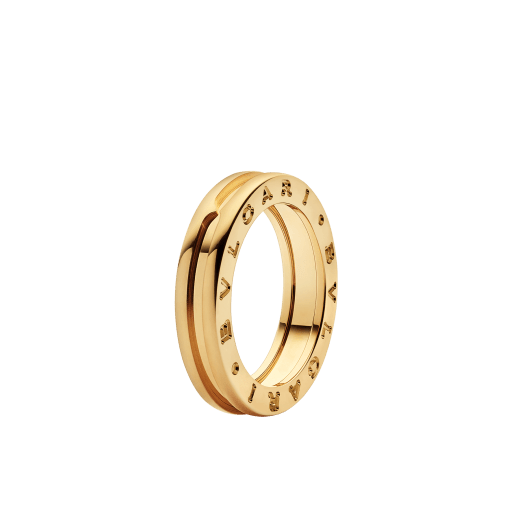 B.zero1 couples' rings in 18 kt yellow gold, one of which has an openwork Bulgari logo. A distinctive ring set fusing visionary design with bold charisma. BZERO1-COUPLES-RINGS-9 image 2