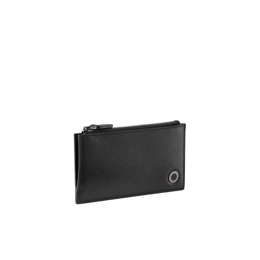 BULGARI BULGARI Man card holder in black Urban grain calf leather with a forest emerald green Urban grain calf leather detail. Iconic dark ruthenium-plated brass décor enamelled in matte black, and zipped closure. 292241 image 1