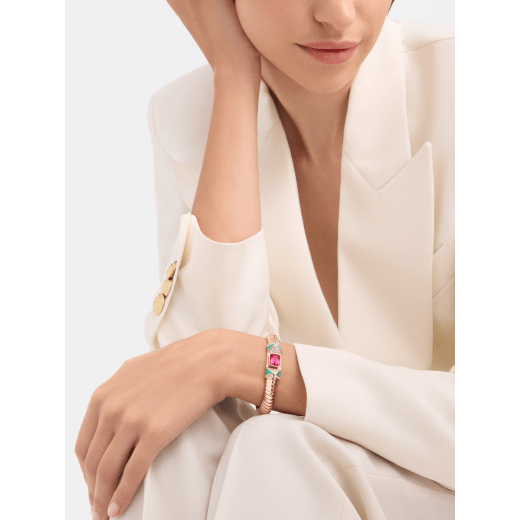 Bvlgari Tubogas 18 kt rose gold necklace set with a central rubellite, chrysoprase inserts and pavé diamonds BR860811 image 1