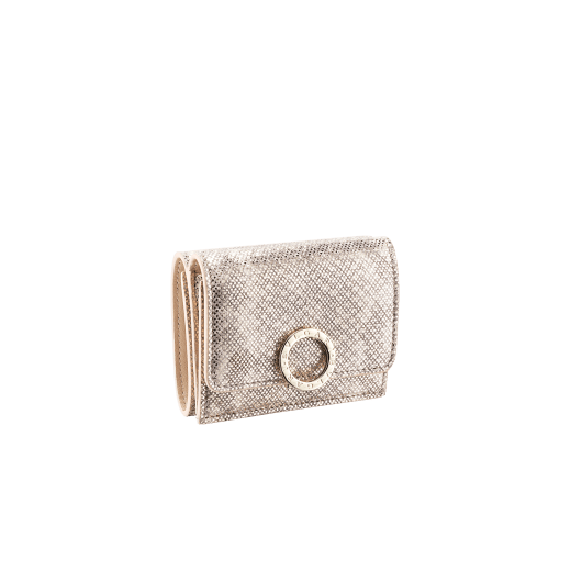 BVLGARI BVLGARI compact wallet in milky opal metallic karung skin and milky opal nappa leather. Iconic logo closure clip in light gold plated brass on the flap and press button closure on the body. 579-MINICOMPACT-K image 1