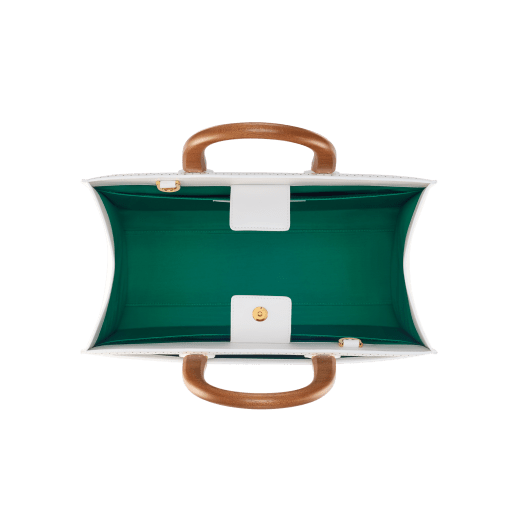 Casablanca x Bulgari large tote bag in white Tennis Groundstroke calf leather, perforated on the main body and smooth on the sides, with tennis green nappa leather lining. Iconic tennis green Bulgari decorative logo, stamped on a smooth white calf leather frame, and gold-plated brass hardware. 292331 image 4