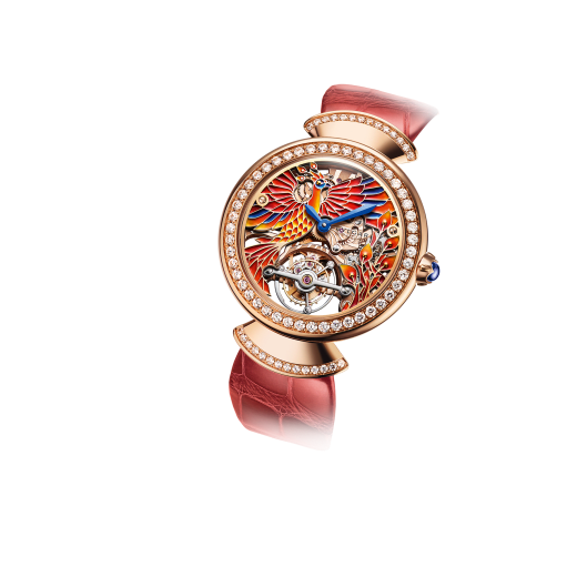Divina Tourbillon Phoenix Limited Edition watch with mechanical manufacture movement, manual winding, see-through tourbillon, 18 kt rose gold case set with brilliant-cut diamonds, skeletonized dial decorated with hand painted miniature motifs of a phoenix and flames, and red alligator bracelet 102947 image 2