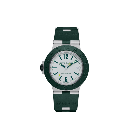 Bvlgari Aluminium Match Point Edition watch with mechanical manufacture movement, automatic winding, 40 mm aluminium case, dark green rubber bezel and bracelet, and white dial. Water-resistant up to 100 meters. Special Edition of 800 pieces. 103854 image 1