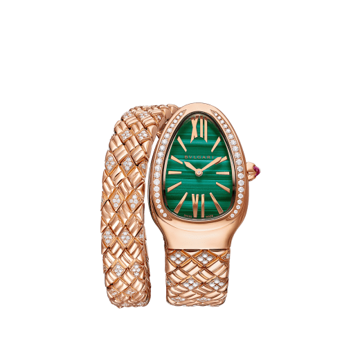 Serpenti Spiga single-spiral watch with 18 kt rose gold case set with diamonds, malachite dial and 18 kt rose gold bracelet partially set with brilliant-cut diamonds. Water-resistant up to 30 metres. Small size SERPENTI-SPIGA image 2