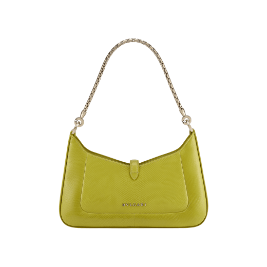 Serpenti Baia small shoulder bag in linden peridot yellowish green Pure karung skin with crystal rose pink nappa leather lining. Captivating snakehead magnetic closure in light gold-plated brass embellished with linden peridot yellowish green enamel. It features light gold-plated brass scales with black onyx eyes; additional zipped top closure. 293744 image 3