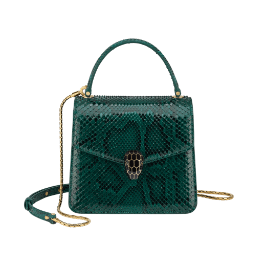 Serpenti Forever top handle bag in multicolour Early Bright python skin with caramel topaz beige nappa leather lining. Captivating snakehead closure in light gold-plated brass embellished with black and caramel topaz beige enamel scales and black onyx eyes. 1122-P image 1