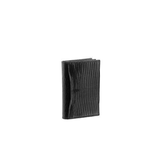 Business card holder in black shiny lizard skin and calf leather with brass palladium plated BVLGARI BVLGARI motif. Three credit card slots, one open pocket and Business cards compartment. BBM-BC-HOLD-SIMPLE-sl image 3