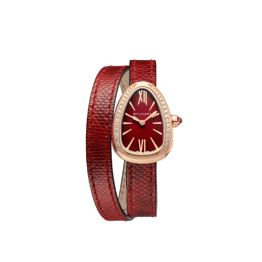 Serpenti watch with 18 kt rose gold case set with brilliant cut diamonds, red lacquered dial and interchangeable double spiral bracelet in red karung leather. 102730 image 1