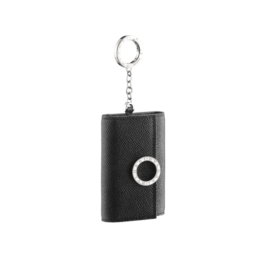 Bulgari Clip keyholder in fudge amethyst brown grain calf leather with butter onyx beige grain calf leather interior and edges, and light cream moiré lining. Iconic palladium-plated brass clip and folded closure. BCM-KEY-HOLD-CLASPa image 1