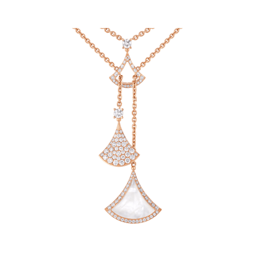 DIVAS' DREAM necklace in 18 kt rose gold with three fan-shaped motifs set with mother-of-pearl element and pavé diamonds 358682 image 3