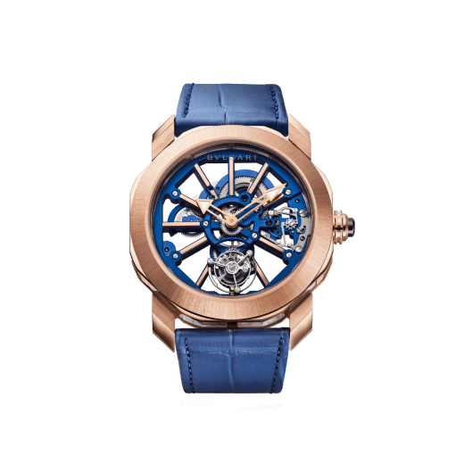 Часы Octo Tourbillon Sapphire, мануфактурный скелетонированный механизм с ручным заводом, парящий турбийон, корпус из розового золота 18 карат, диаметр 44 мм, средняя часть корпуса из сапфирового стекла, калибр синего цвета с часовыми метками из розового золота 18 карат на мостах, синий ремешок из кожи аллигатора. Водонепроницаемость до 50 метров. 103699 image 1