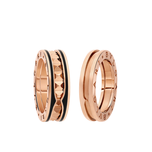 Bzero1 Ring und B.zero1 Rock Ring mit Nieten und schwarzen Keramik-Intarsien aus 18 Karat Roségold für Paare. Ein zeitloses Ring-Set, das visionäres Design mit kühnem Charisma verschmelzen lässt. BZERO1-COUPLES-RINGS-7 image 1